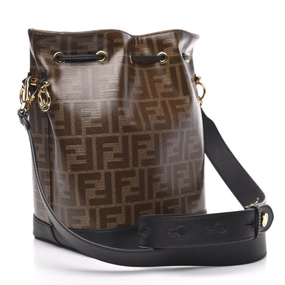 Fendi Glazed Fabric Vitello Grace F is Fendi FF 1974 Stamp Patch Grande Mon Tresor Bucket Bag Mogano Panna Black 3 of 9
