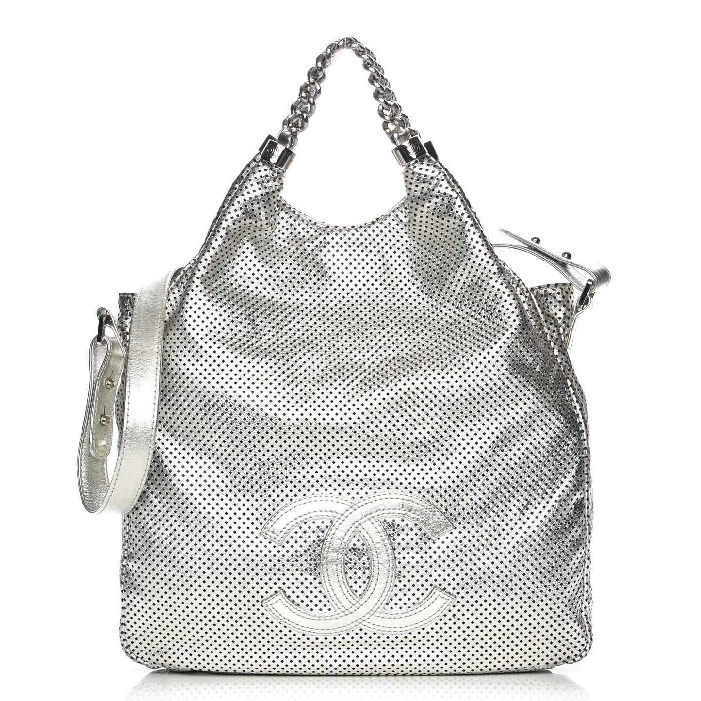 Metallic Glazed Calfskin Perforated Medium Rodeo Drive Tote Silver