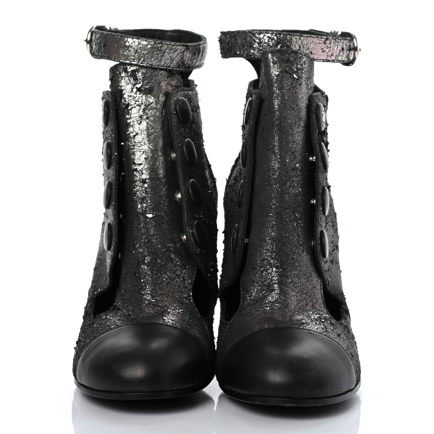 Chanel Metallic Lambskin Cap Toe Ankle Boots 37 Silver Black 2 of 8