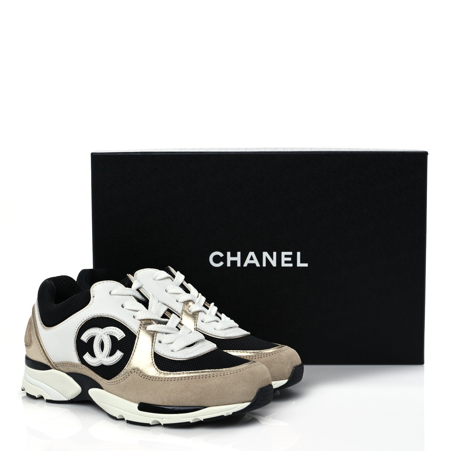 Chanel Mesh Suede Calfskin Womens CC Sneakers 35.5 White Black Beige Gold 9 of 9