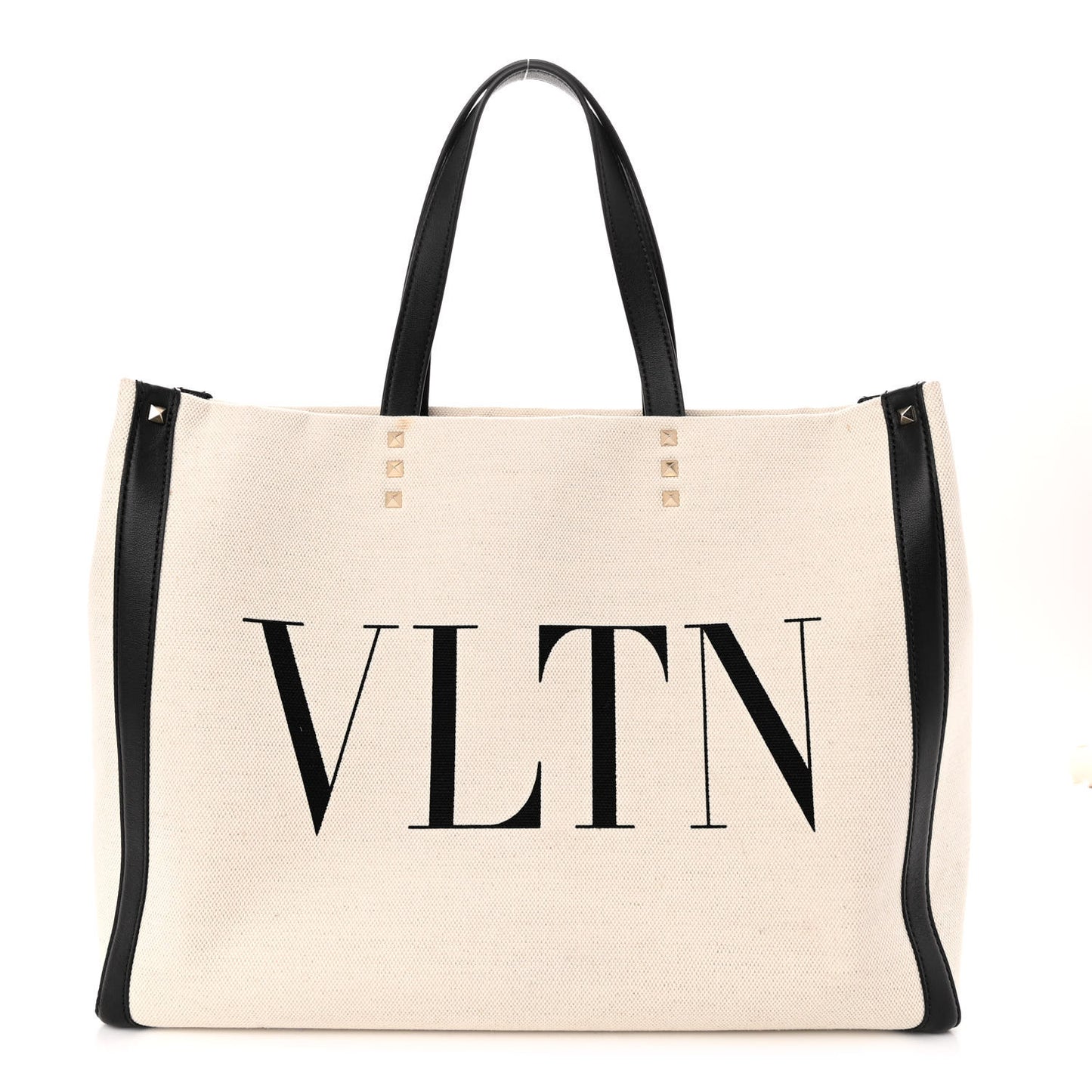 Canvas Calfskin VLTN Print Small Rockstud Tote Naturale Black