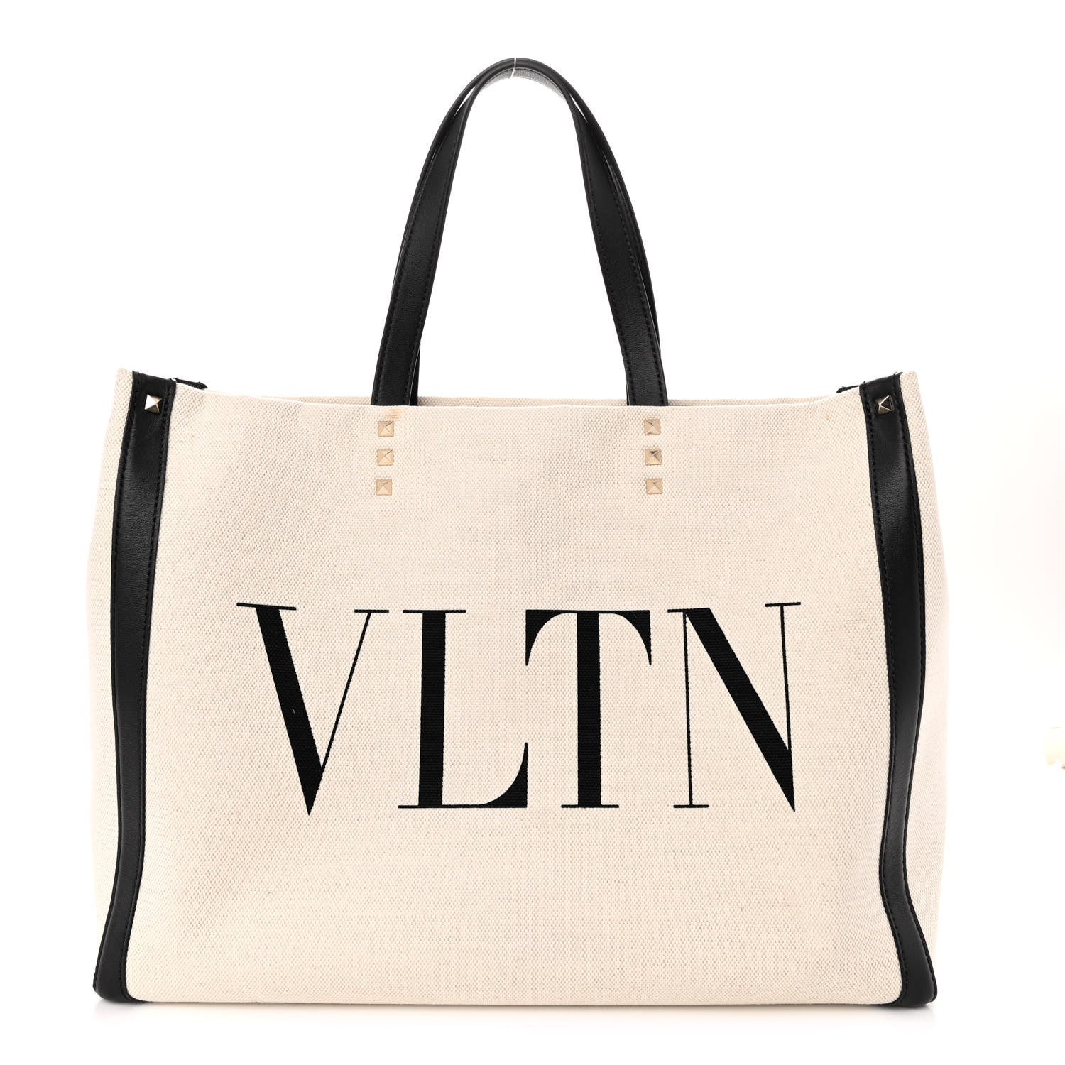 Valentino Garavani Canvas Calfskin VLTN Print Small Rockstud Tote Naturale Black 1 of 11