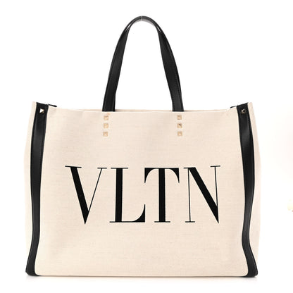 Valentino Garavani Canvas Calfskin VLTN Print Small Rockstud Tote Naturale Black 1 of 11