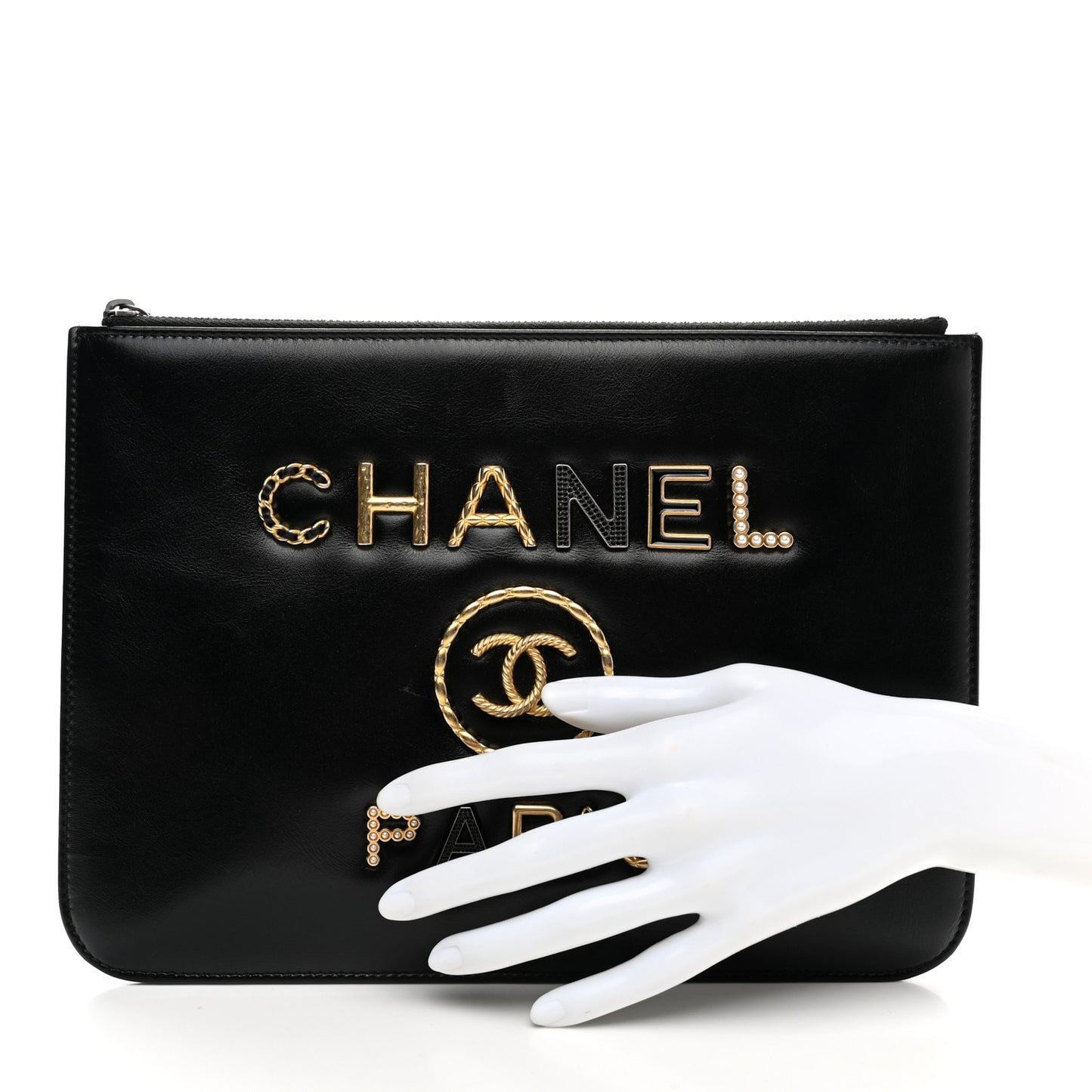 Shiny Calfskin Crystal Pearl Logo Cosmetic Case Black