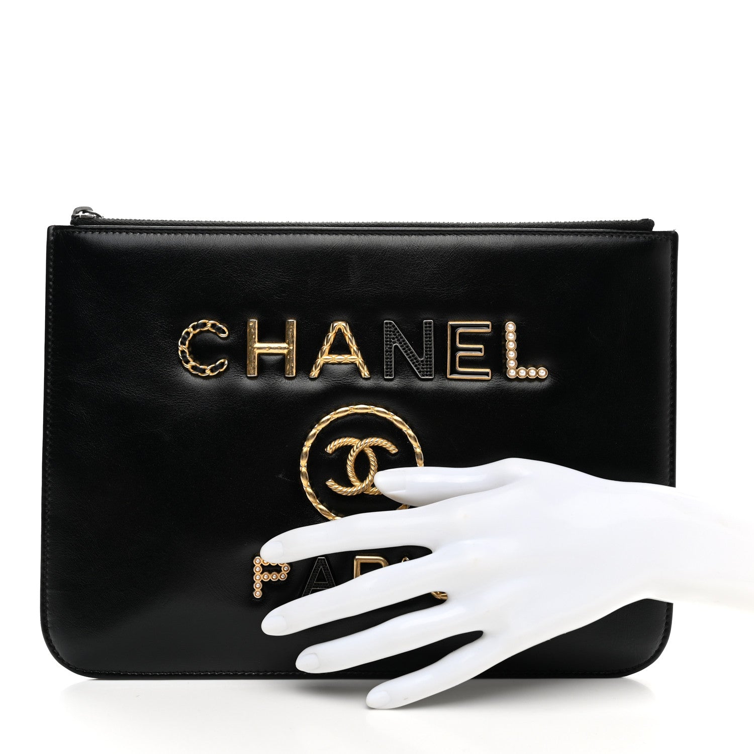 Chanel Shiny Calfskin Crystal Pearl Logo Cosmetic Case Black 2 of 10