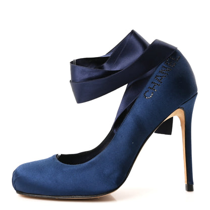 Chanel Satin Ankle Wrap Pumps 39 Navy 1 of 8