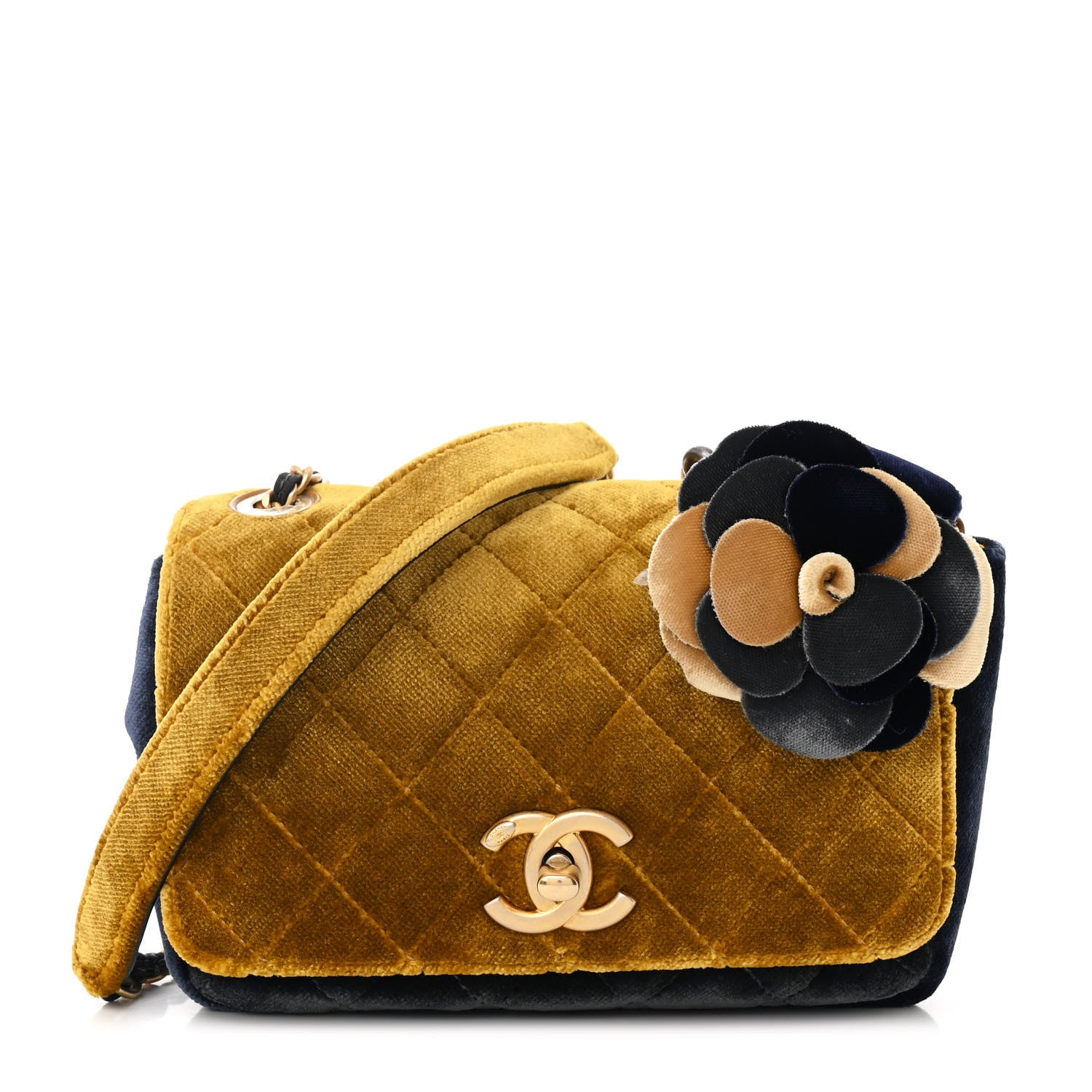 Chanel Velvet Quilted Small Camellia Flap Yellow Navy Charcoal 1 of 12