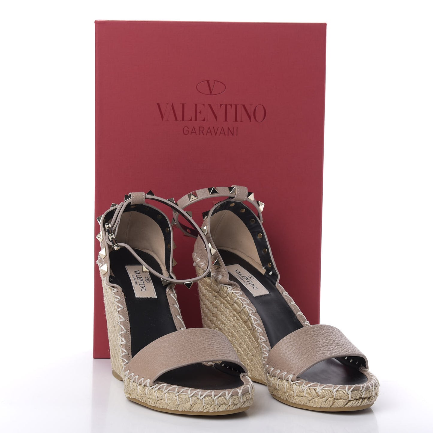 Grained Calfskin Rockstud Ankle Strap Espadrille 15/105mm Wedge Sandals 36 Poudre Natural