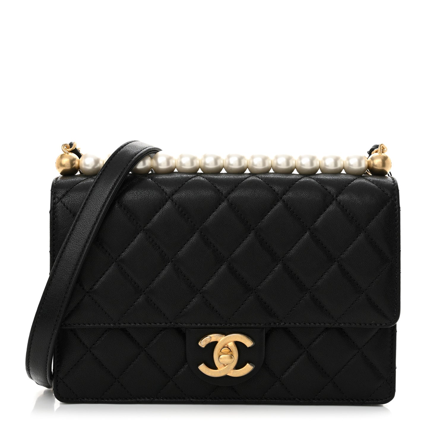 Goatskin Quilted Small Chic Pearls Flap Black