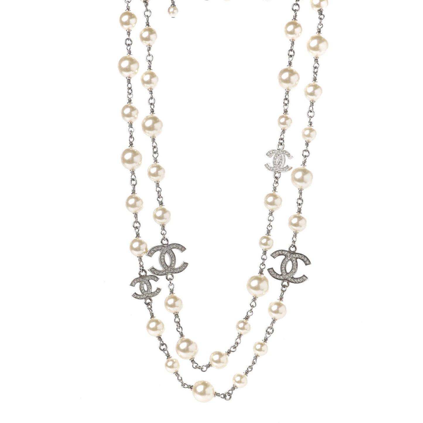 Crystal Pearl CC Long Necklace Silver