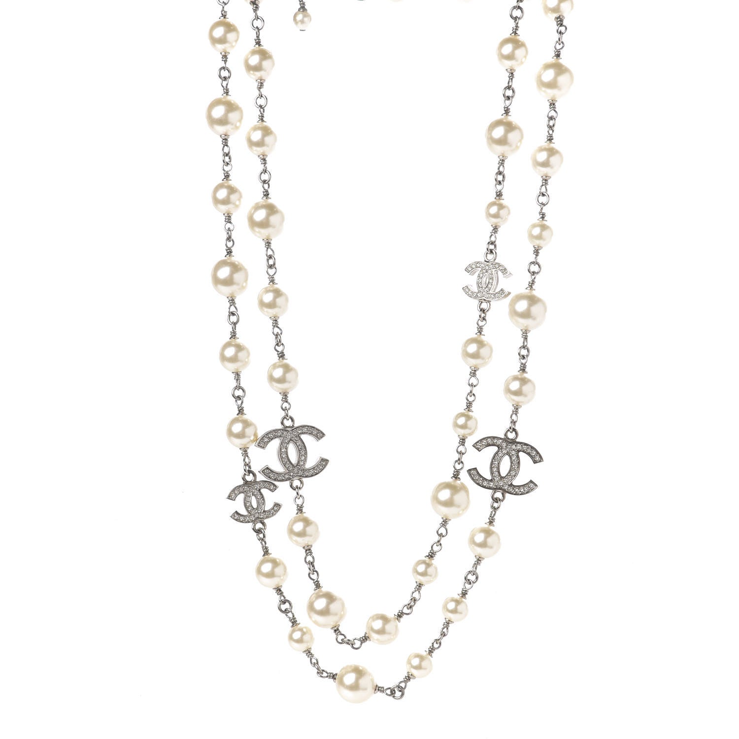 Chanel Crystal Pearl CC Long Necklace Silver 1 of 3