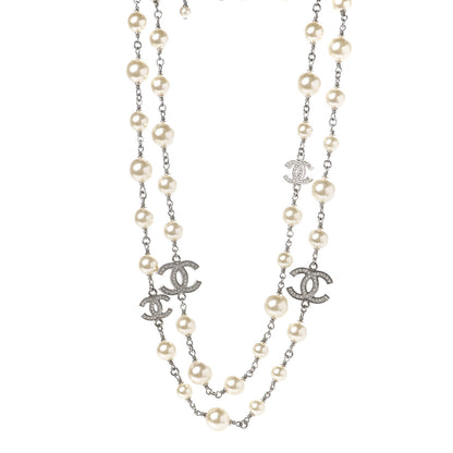 Chanel Crystal Pearl CC Long Necklace Silver 1 of 3