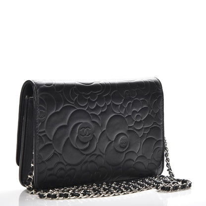 Chanel Lambskin Camellia Embossed Wallet On Chain WOC Black 3 of 8
