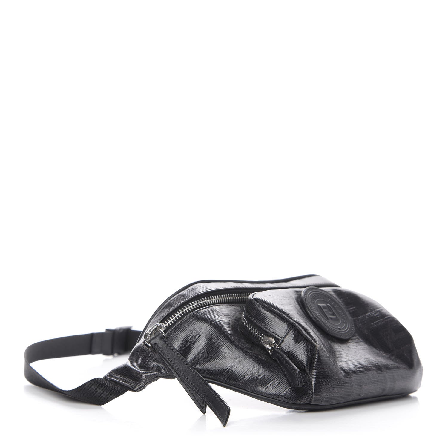 Fendi Glazed Fabric Vitello Century FF 1974 Stamp Patch Pocket Belt Bag Black 4 of 10