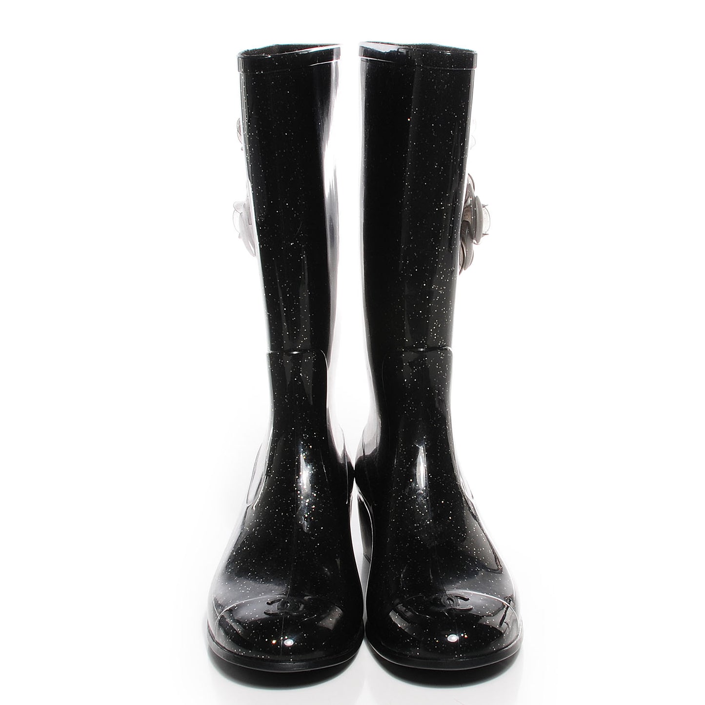 Rubber Glitter Camellia Rain Boots 39 Black