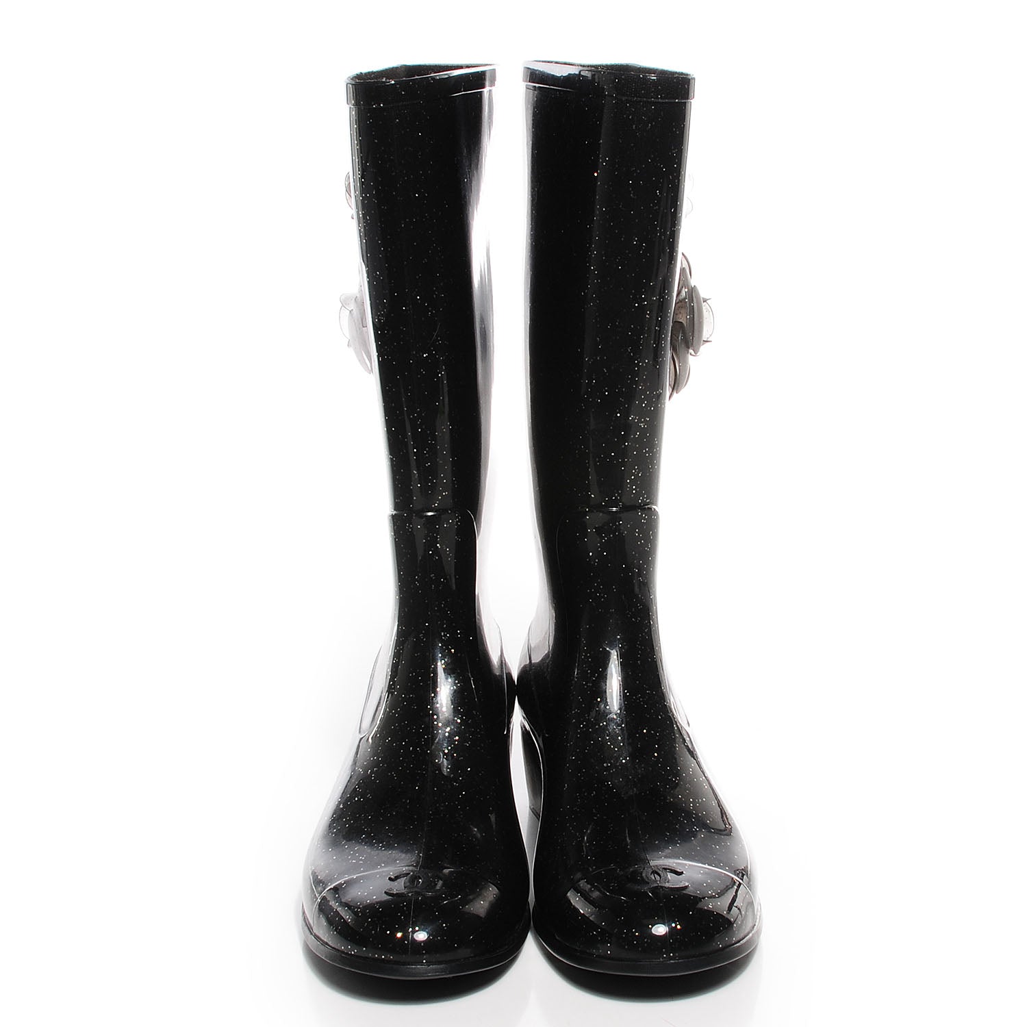 Chanel Rubber Glitter Camellia Rain Boots 39 Black 2 of 7