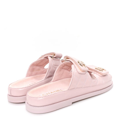 Chanel Shiny Calfskin Quilted Velcro Dad Crystal CC Slide Sandals 39 Light Pink 5 of 10