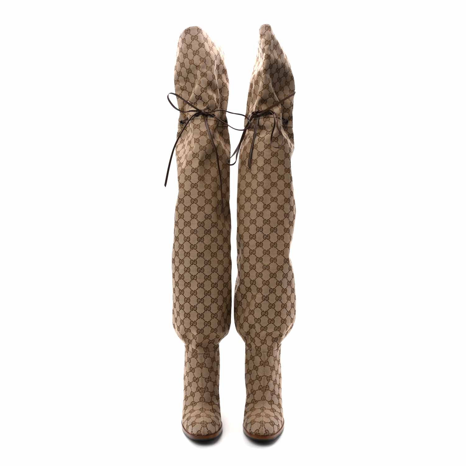 Gucci Monogram Over the Knee Boots 39.5 Beige Ebony 2 of 11