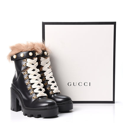 Gucci Magnum Calfskin Fur Pearl Lace Up Combat Ankle Boots 37 Black Naturale 9 of 9