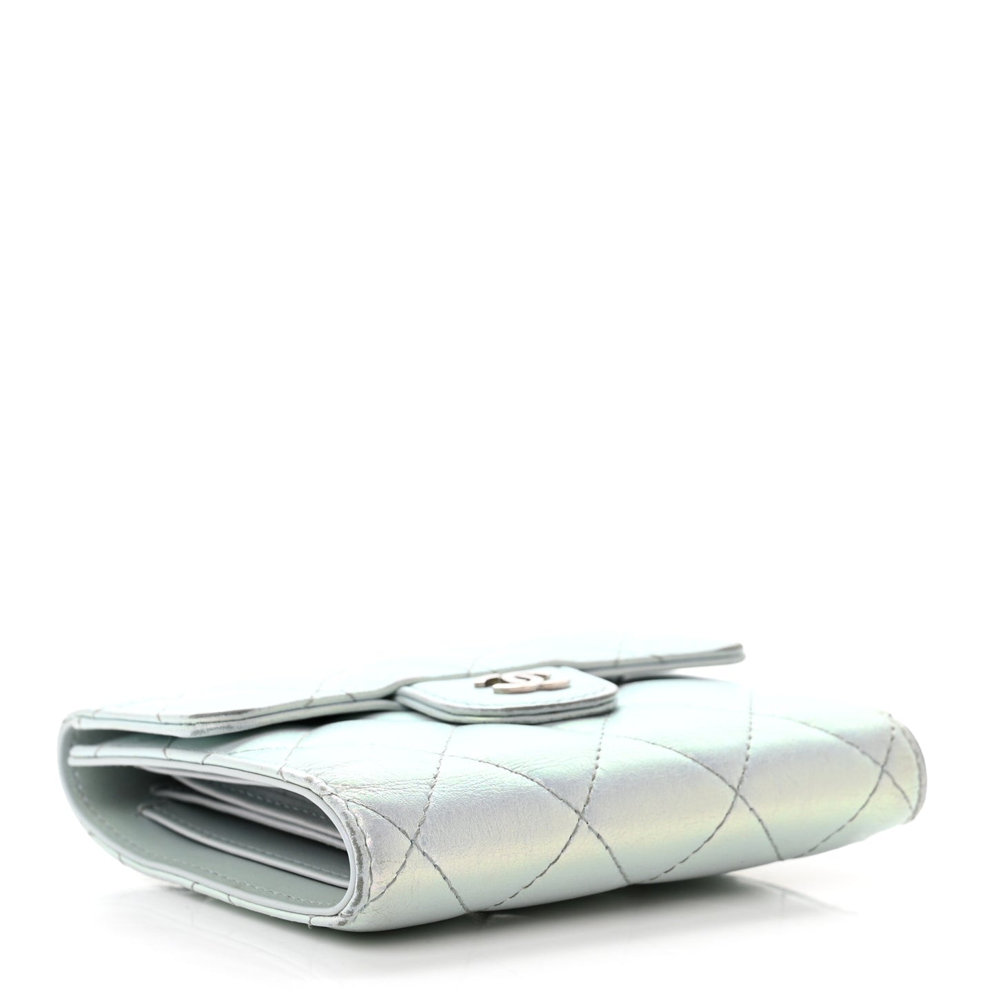 Iridescent Calfskin Quilted Compact Flap Wallet Light Blue