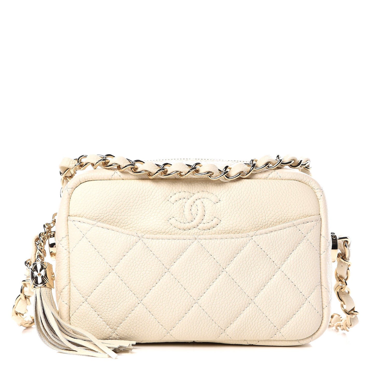 Caviar Quilted Mini Coco Tassel Camera Case White
