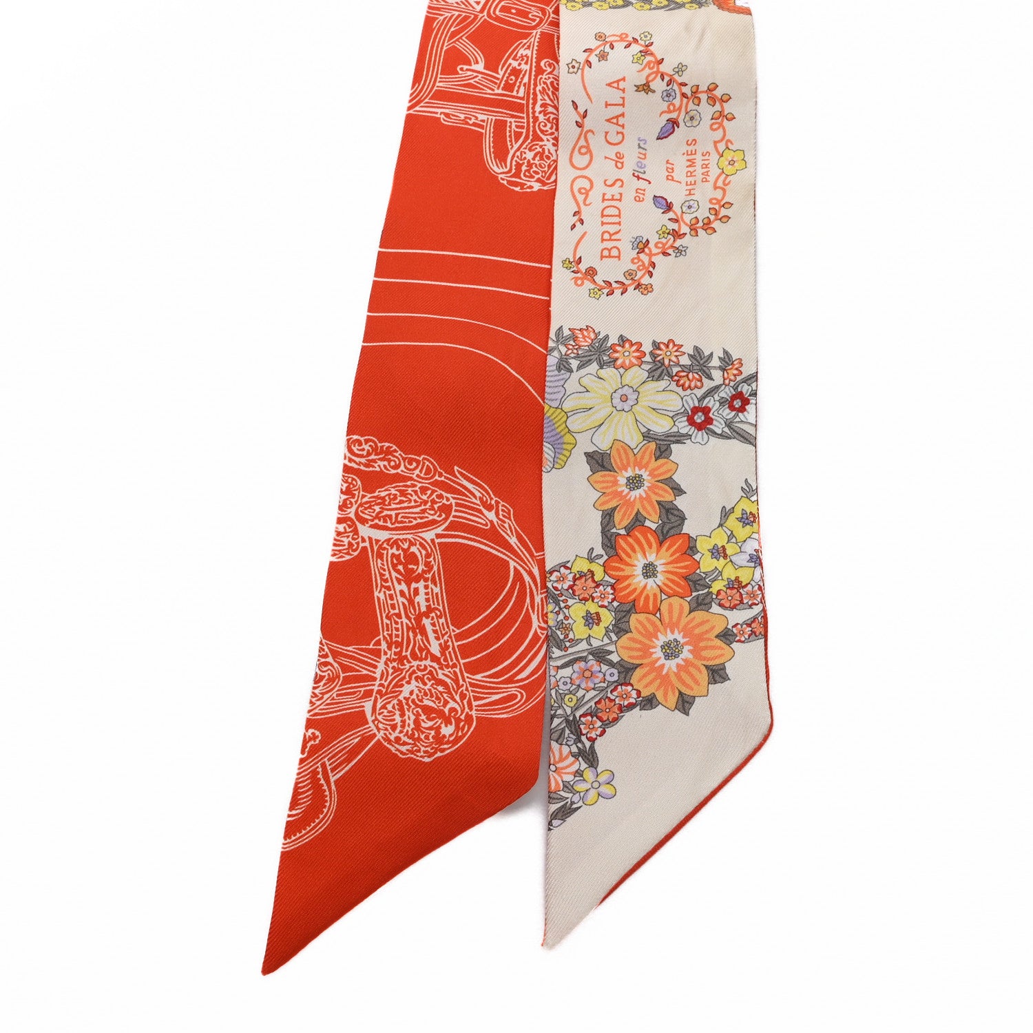 Hermes Silk Brides De Gala En Fleurs Twilly Vanille Orange Kaki