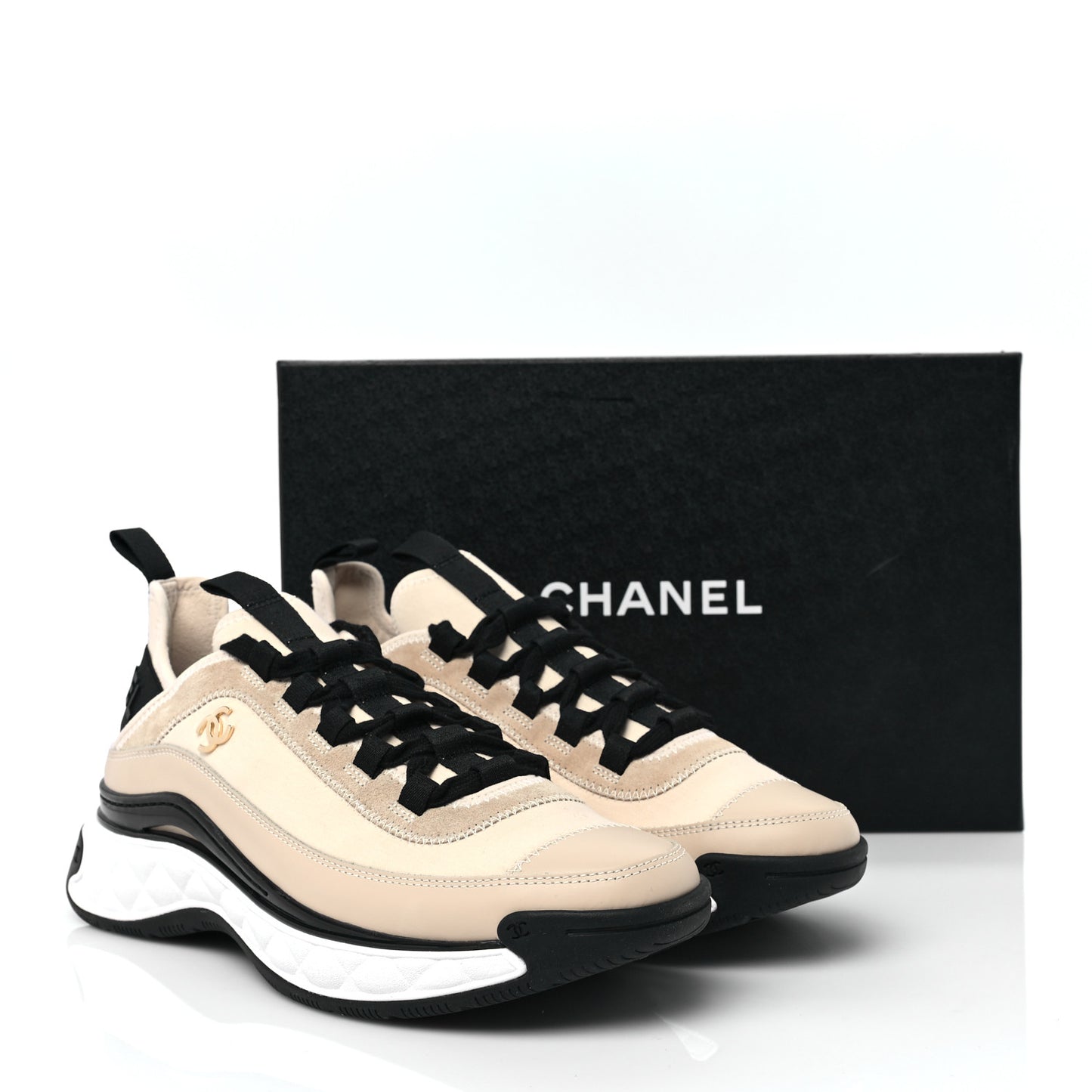 Velvet Calfskin Mixed Fibers CC Sneakers 40 Beige