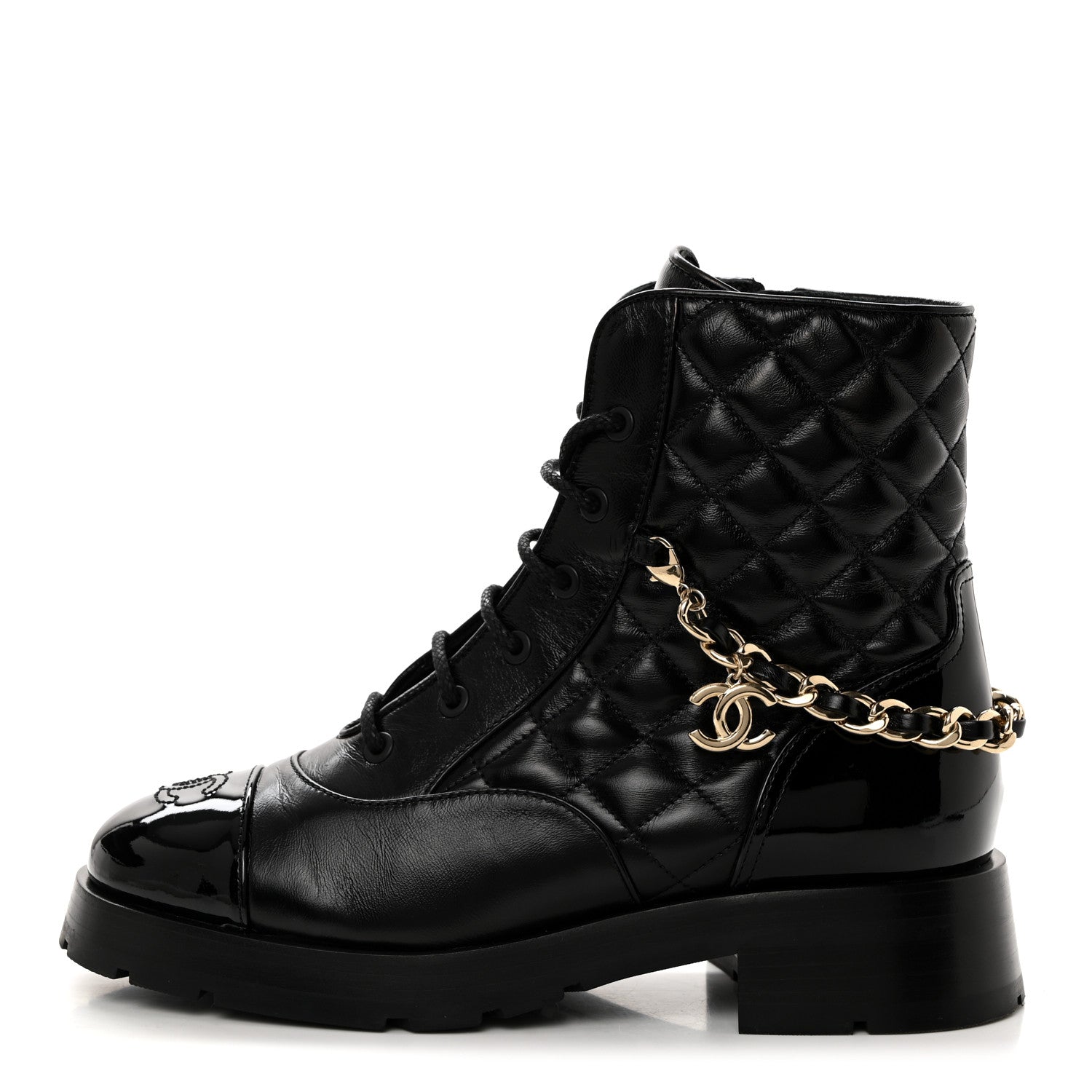Chanel Shiny Calfskin Patent Quilted Chain Lace Up Combat Boots 38.5 Black 1 of 9