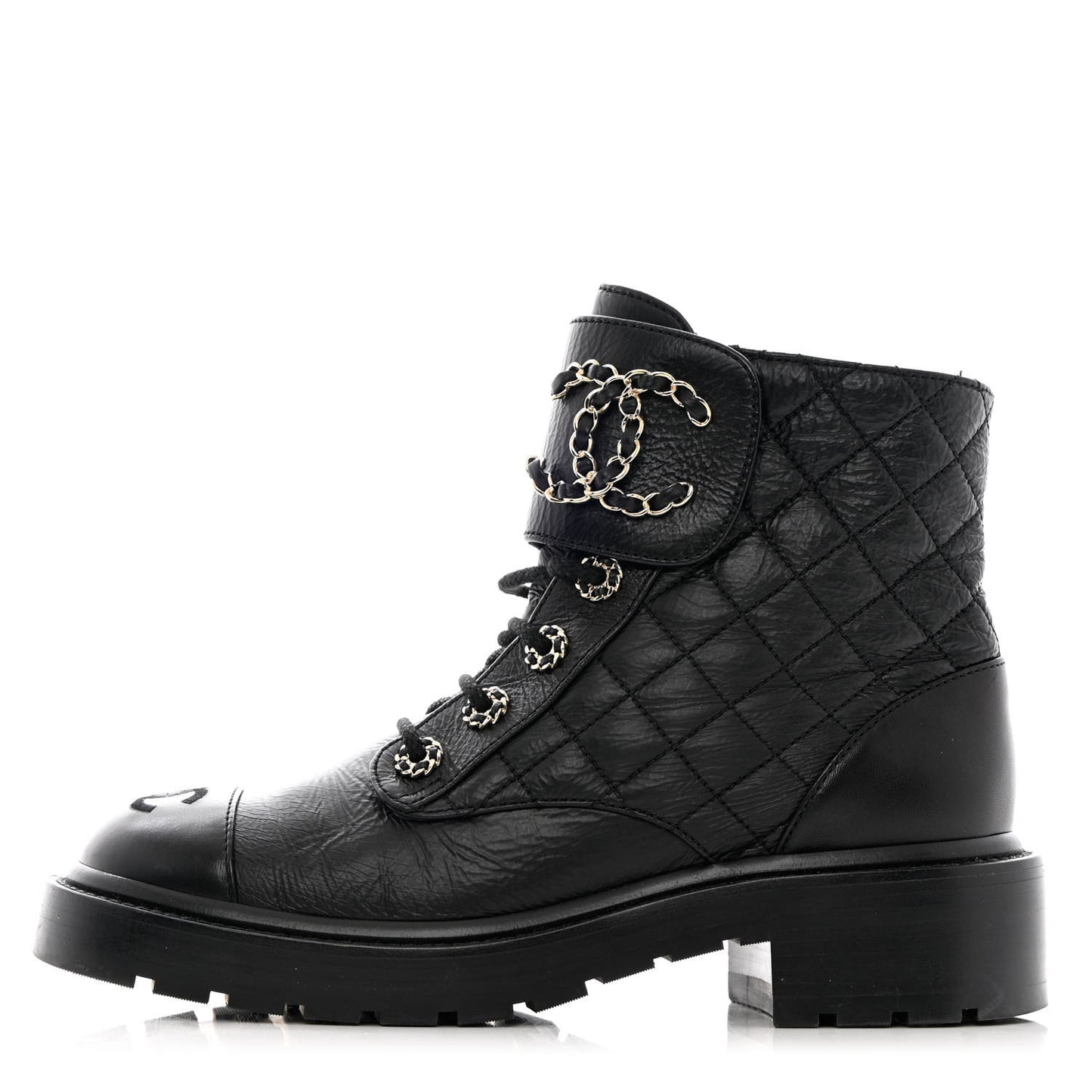 Shiny Calfskin Quilted Lace Up Combat Boots 37 Black