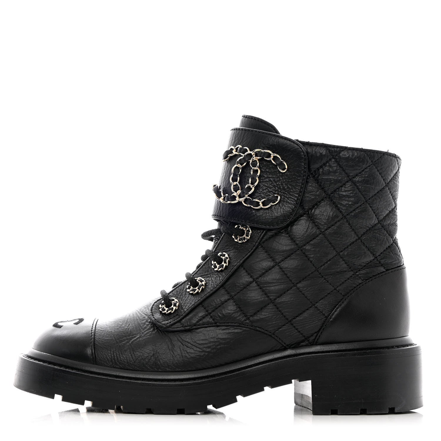 Chanel Shiny Calfskin Quilted Lace Up Combat Boots 37 Black 1 of 13