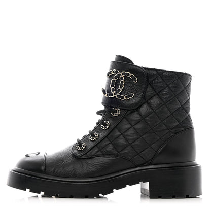 Chanel Shiny Calfskin Quilted Lace Up Combat Boots 37 Black 1 of 13