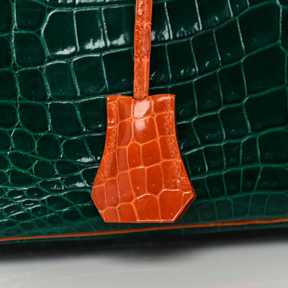 Hermes Shiny Niloticus Crocodile Horseshoe Birkin 30 Vert Emeraude Orange Miel 33 of 35