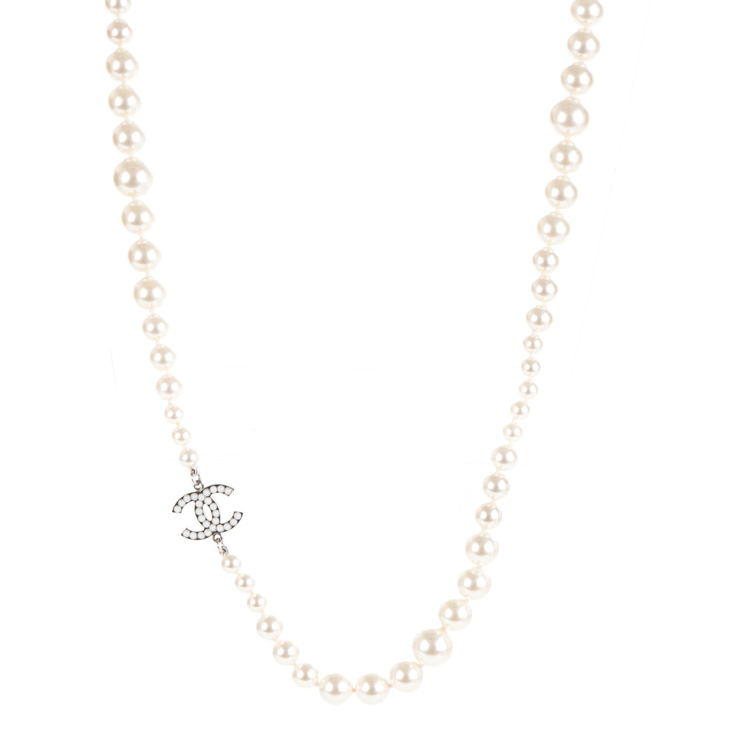 Chanel Graduated Pearl CC Long Necklace Silver 1 of 5
