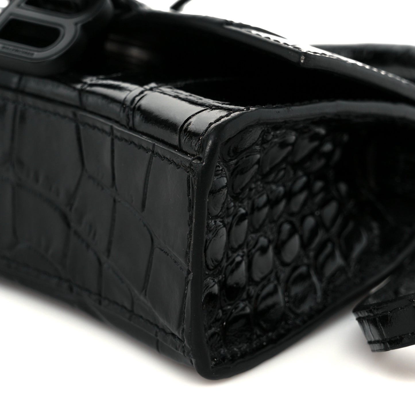 Shiny Calfskin Monochrome Crocodile Embossed Hourglass Top Handle Bag Mini Black