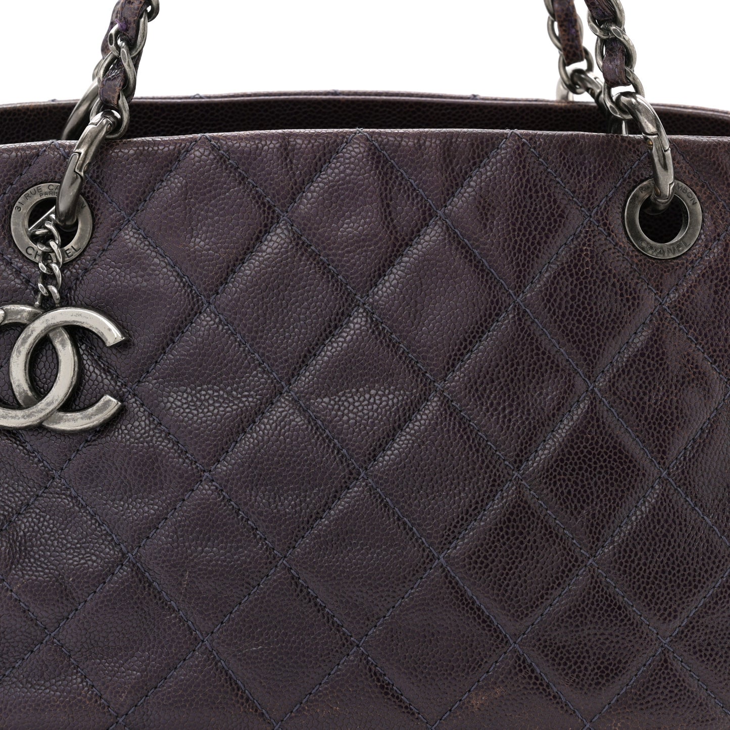 Iridescent Caviar Quilted Chic Shopping Tote Dark Purple