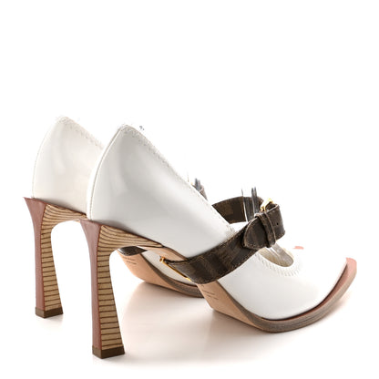 Fendi Glossy Neoprene Glazed Fabric FF FFrame Court Mary Jane Pumps 38 White Tobacco Moro 5 of 8