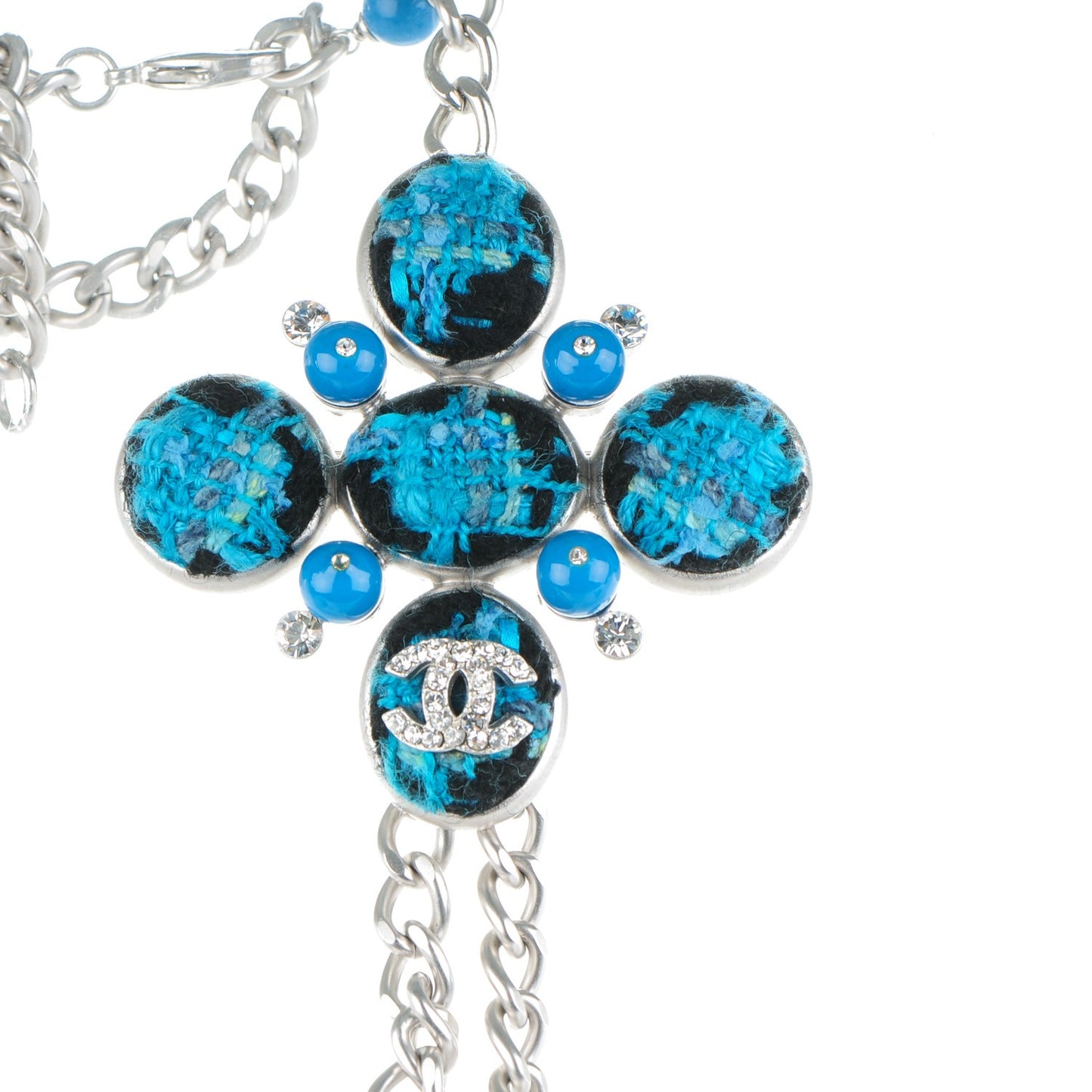 Gripoix Poured Glass Tweed Crystal CC Long Necklace Brooch Silver Blue