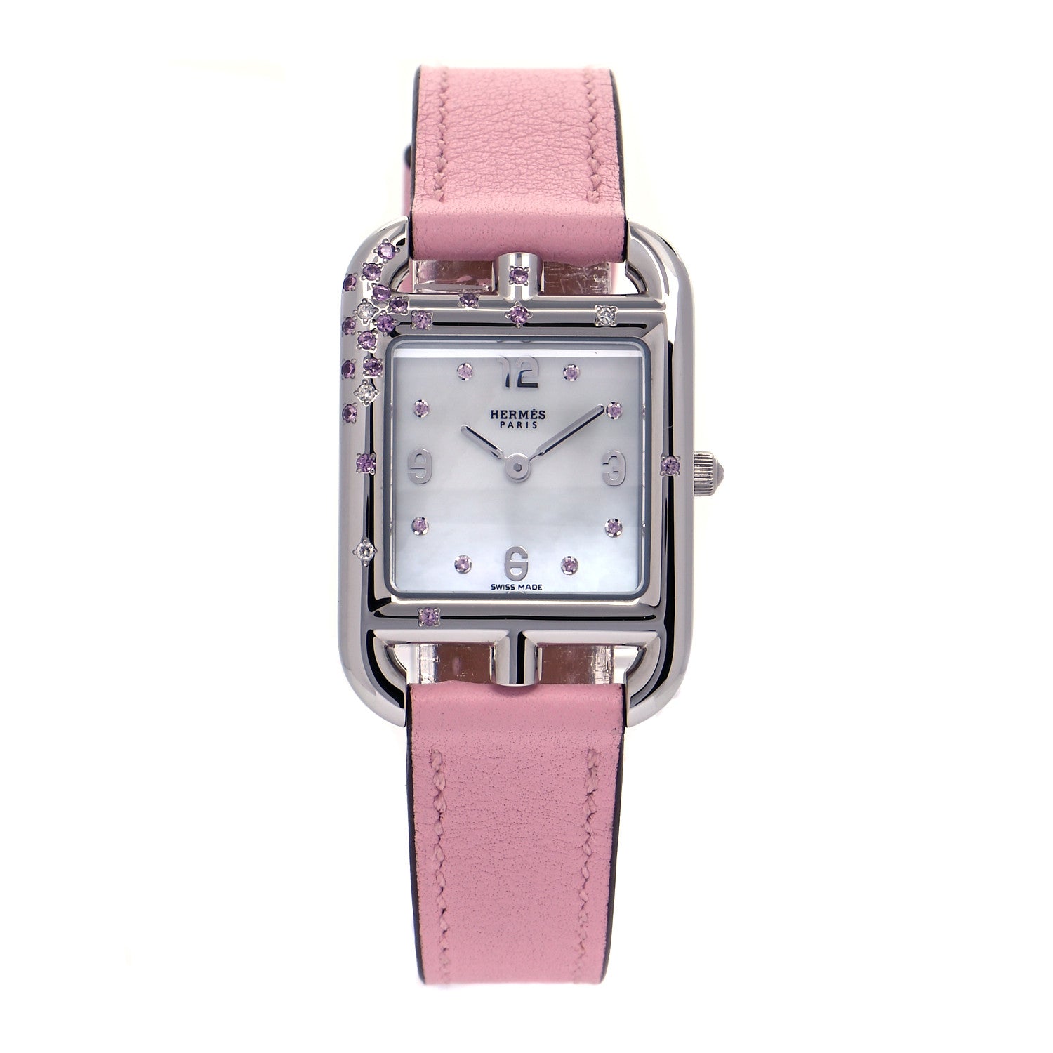 Hermes Stainless Steel Swift Diamond Pink Sapphire Mother of Pearl 23mm Cape Cod Quartz Watch Rose Sakura 1 of 7