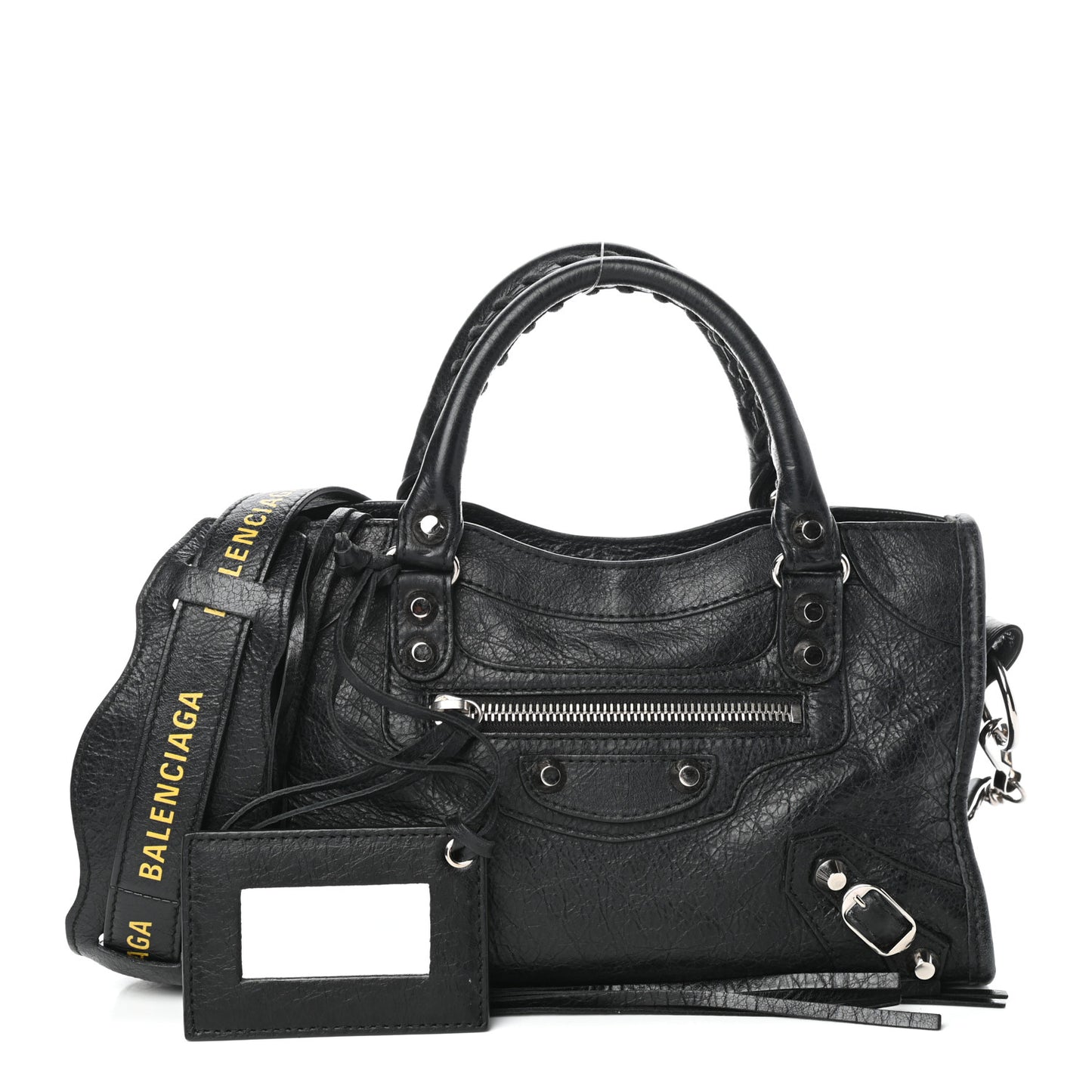 Agneau Classic Silver Hardware Mini City Logo Strap Black Jaune Soleil