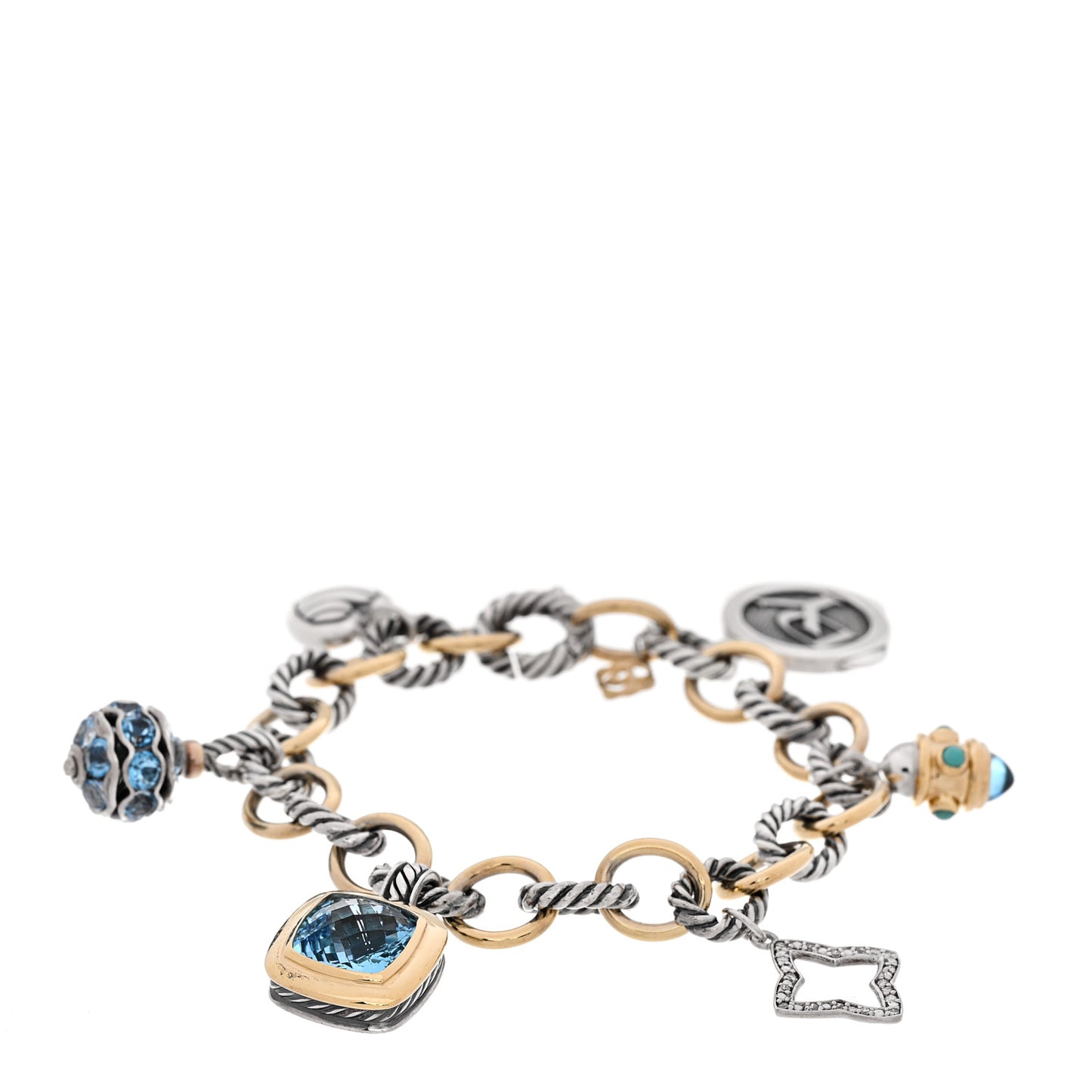 Sterling Silver 18K Yellow Gold Diamond Blue Topaz Turquoise 25th Anniversary Charm Bracelet