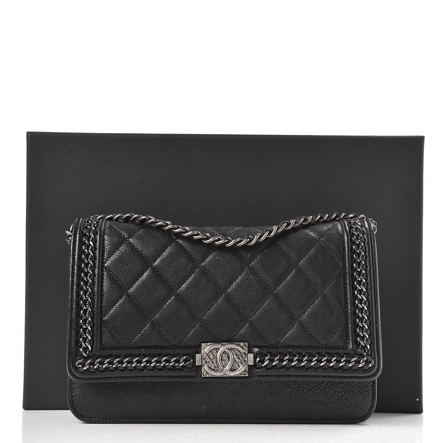Calfskin Quilted Chain Around Boy Wallet On Chain WOC Black