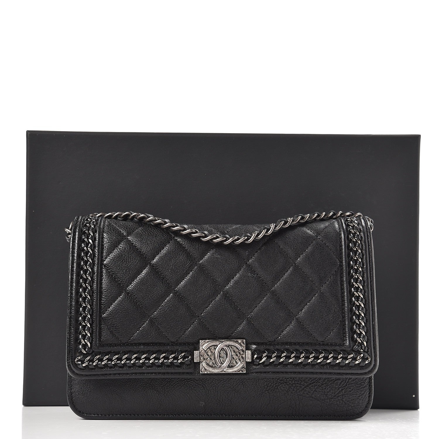 Chanel Calfskin Quilted Chain Around Boy Wallet On Chain WOC Black 10 of 10