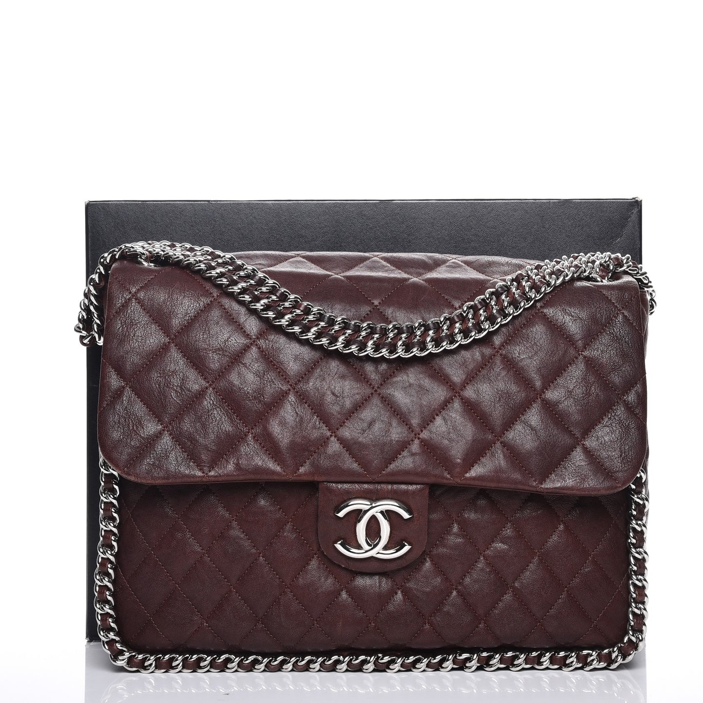 Crumpled Lambskin Quilted Maxi Chain Around Flap Dark Brown