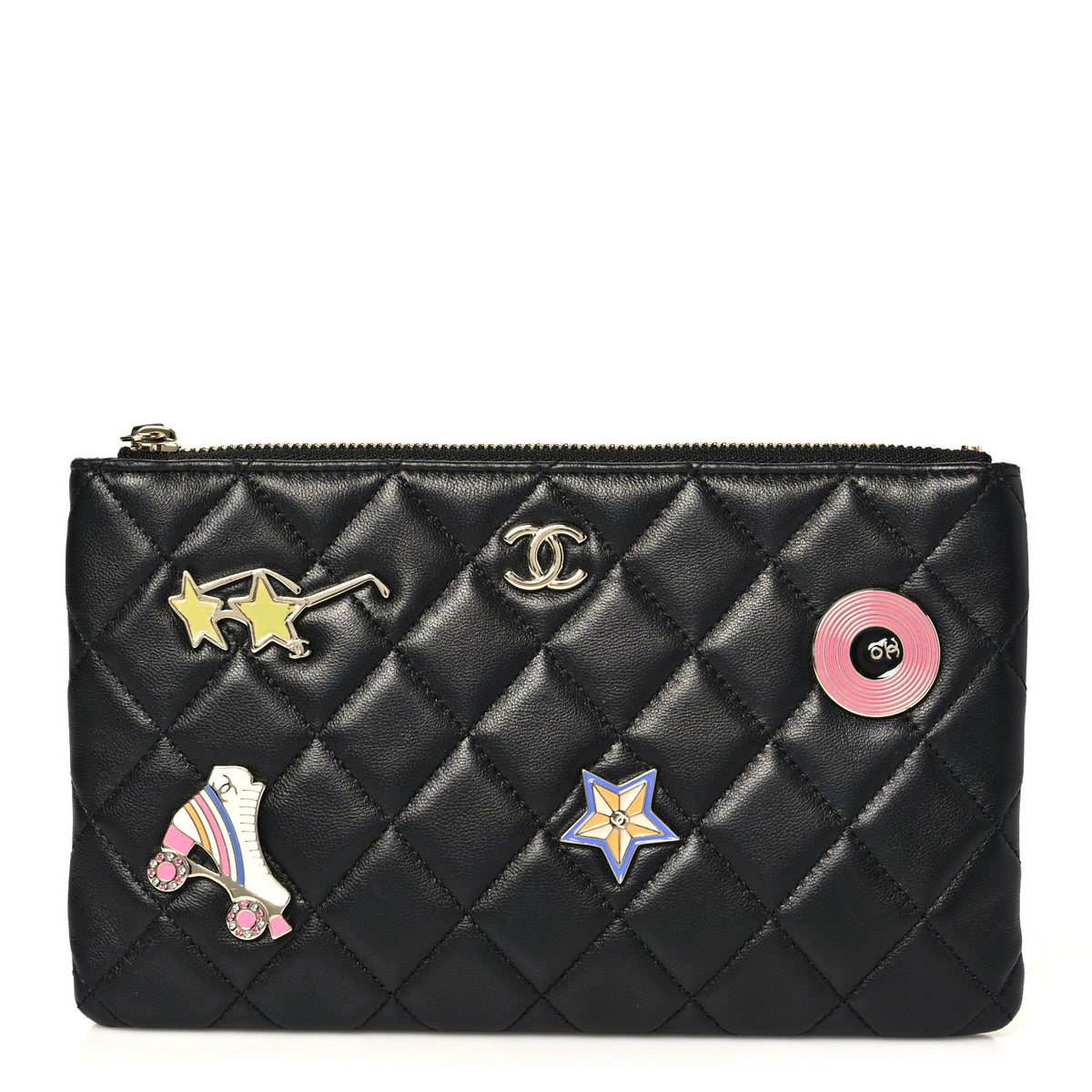 Lambskin Quilted Hollywood Charms Cosmetic Case Black
