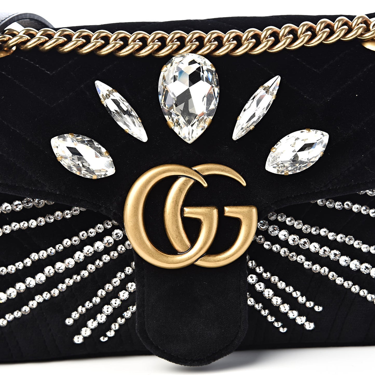 Velvet Matelasse Marquise Crystals Embroidered Small GG Marmont Shoulder Bag Black