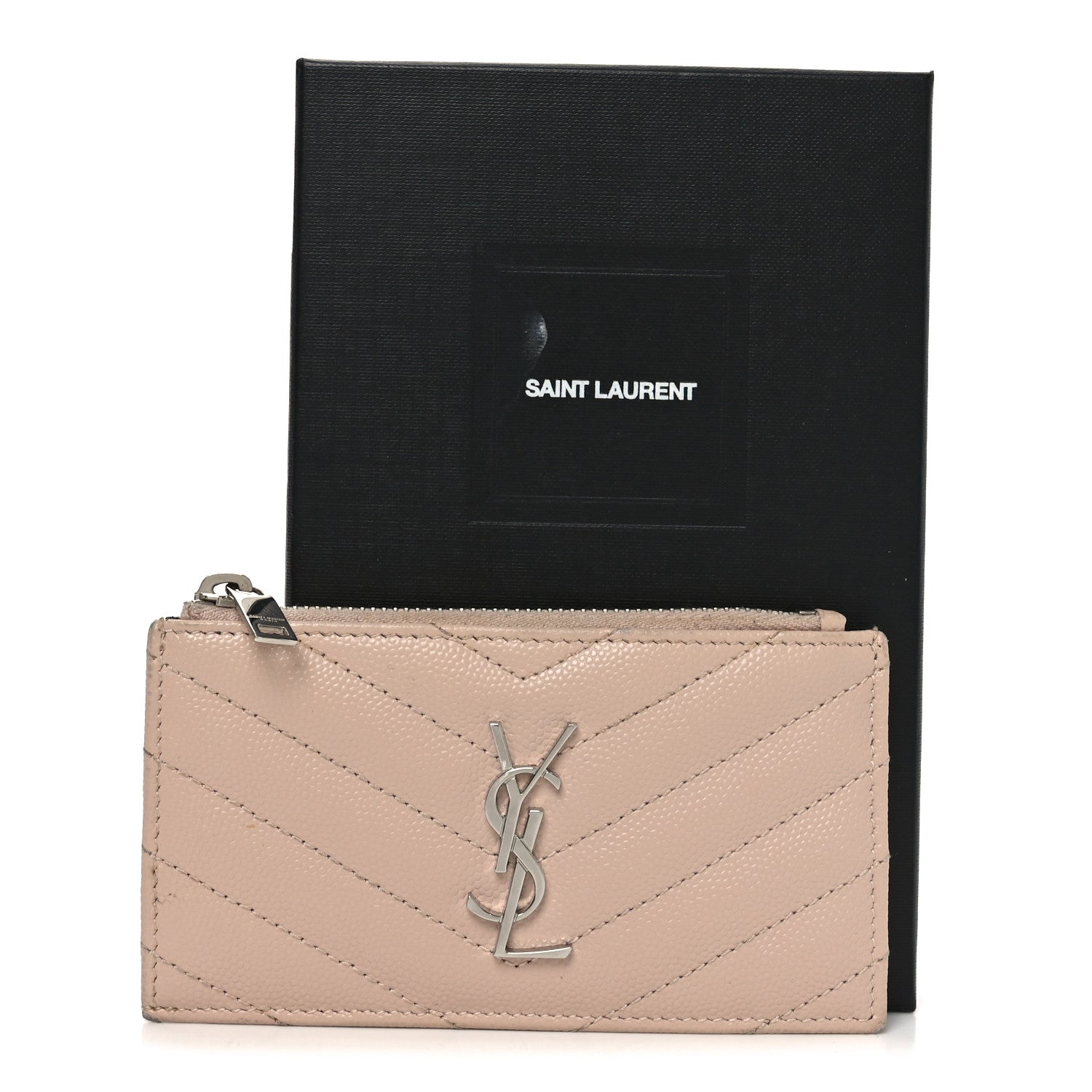 Saint Laurent Grain De Poudre Matelasse Chevron Monogram Fragments Zippered Card Case Marble Pink 9 of 9