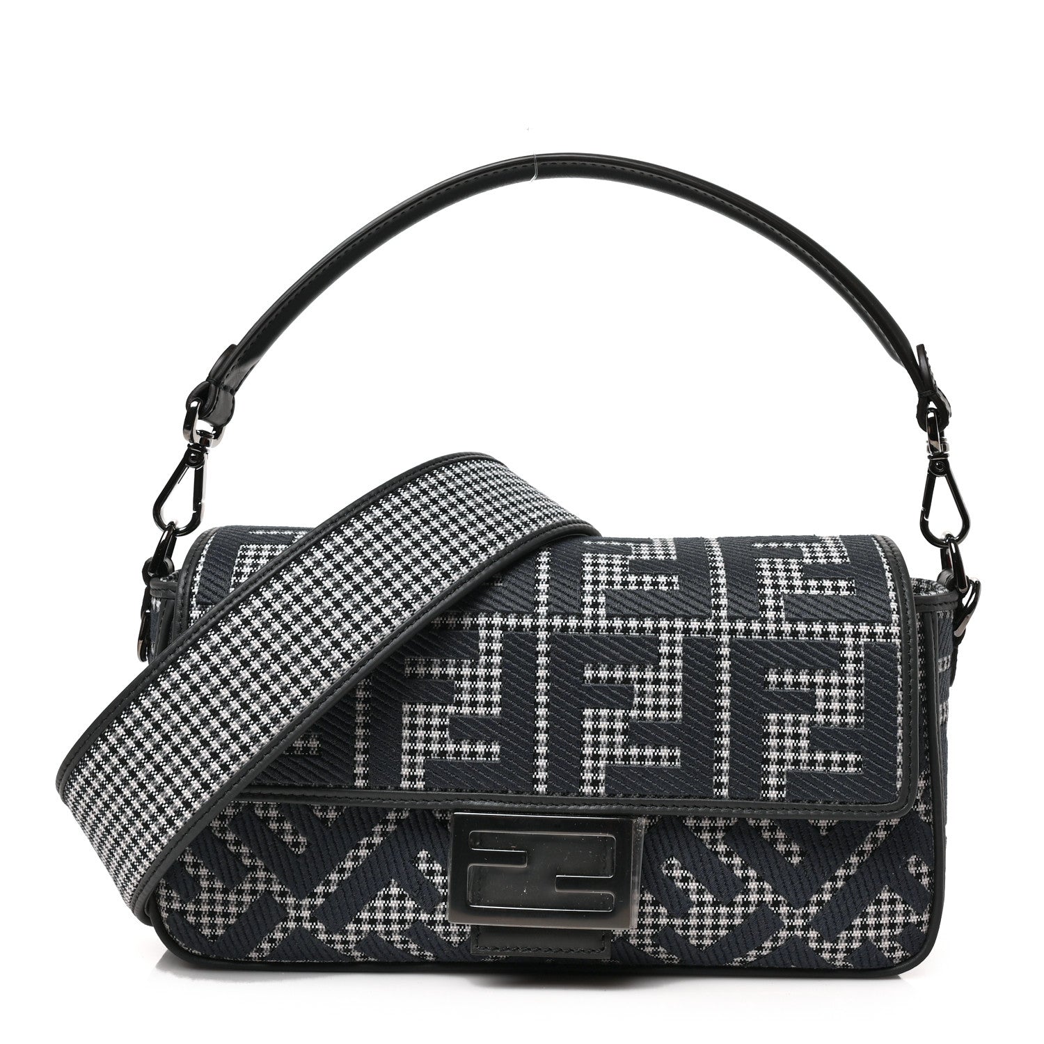 Fendi Wool Vitello King Houndstooth FF Embroidered Baguette Grigio Anthracite 1 of 8