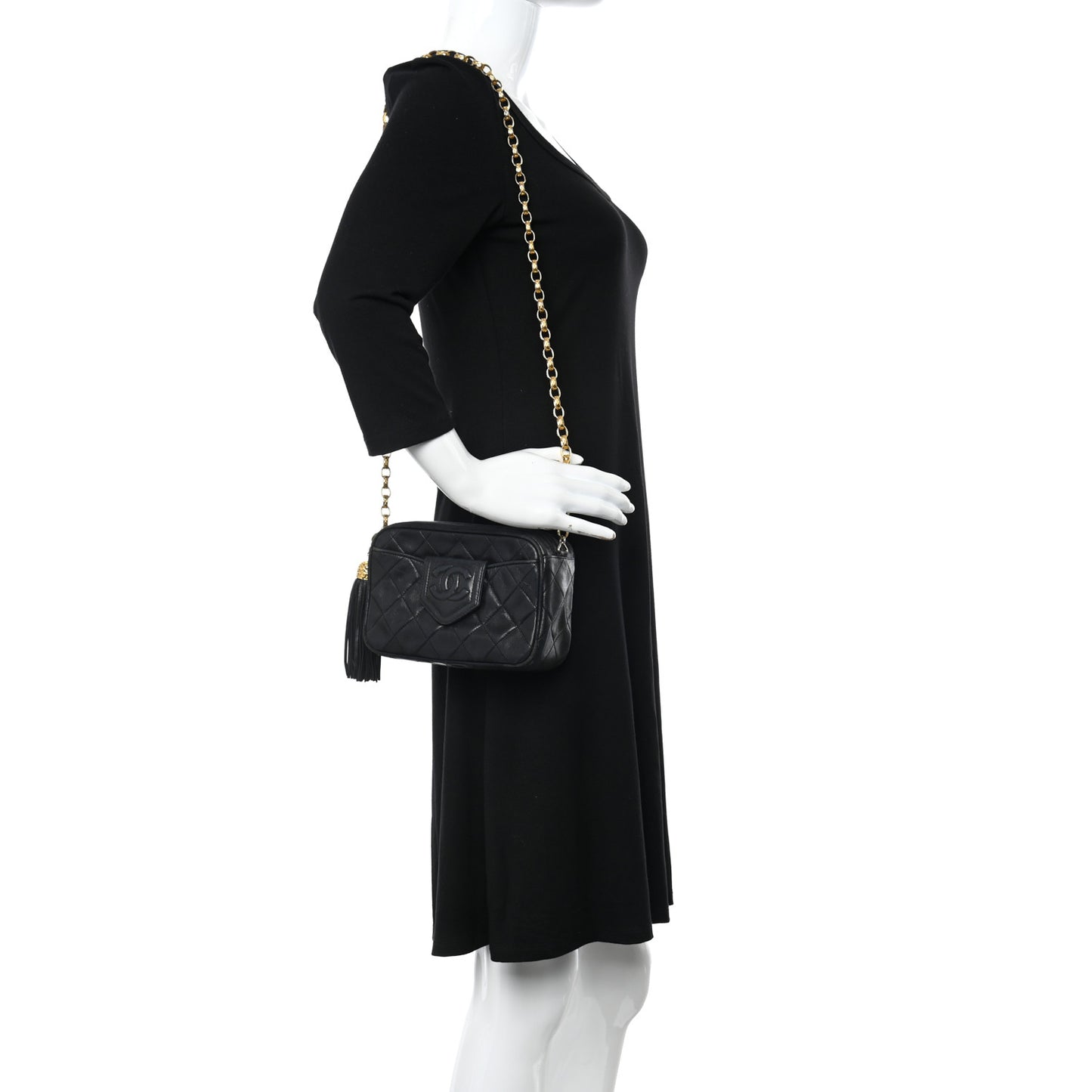 Lambskin Quilted CC Tassel Camera Case Black