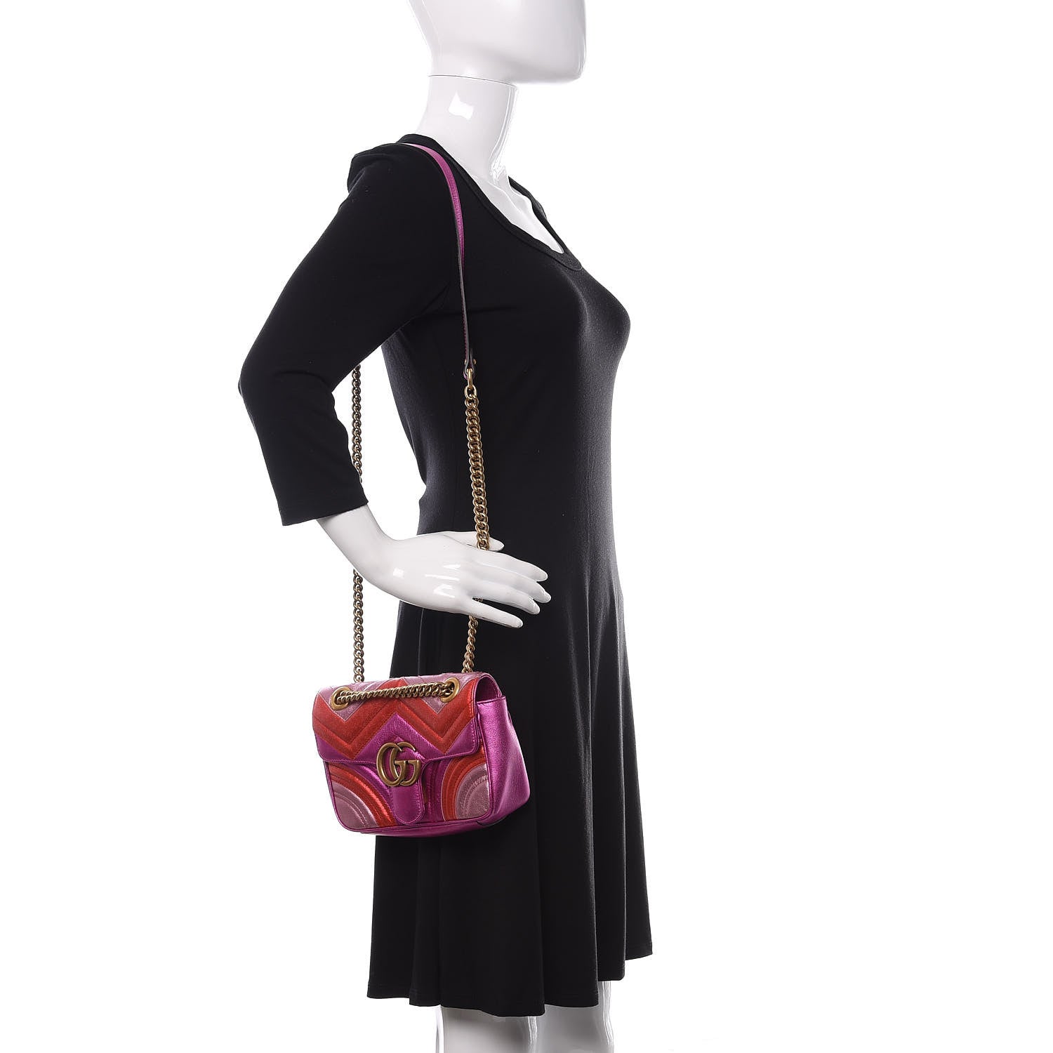 Gucci Metallic Calfskin Matelasse Mini GG Marmont Shoulder Bag Fuchsia 2 of 10