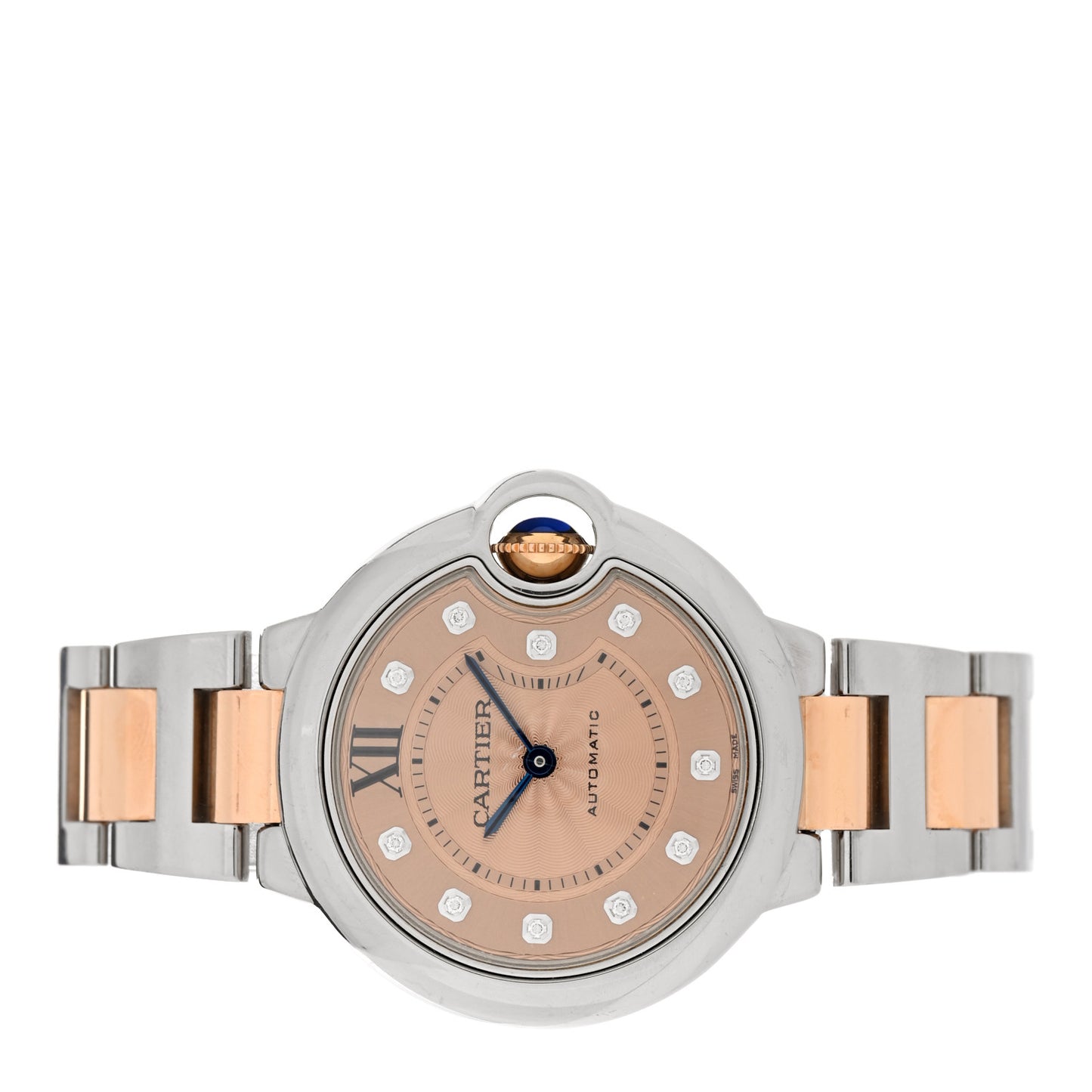 Stainless Steel 18K Pink Gold Diamond 33mm Ballon Bleu De Cartier Automatic Watch Champagne